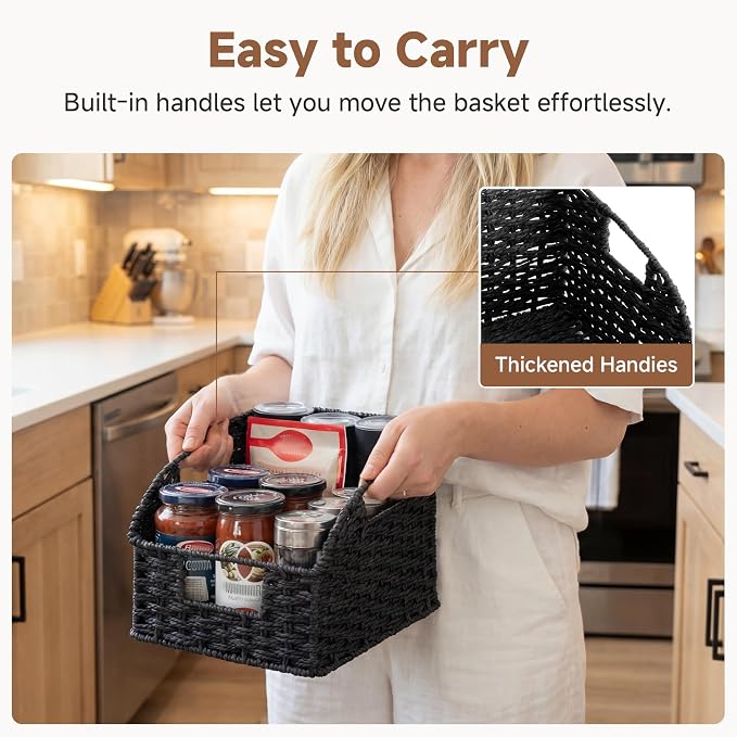 StorageWorks Pantry Organizers and Storage, Wicker Baskets with Handles, Pantry Baskets for Shelves, Paper Rope, Black， 2 Pack