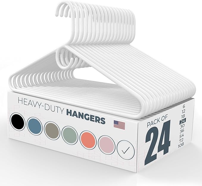 Heavy Duty Clothes Hangers 20 Pack (24 Count) – Made in the USA – 8lb Capacity Plastic Hangers for Adult Clothing – Durable for Pants, Coats, Jackets, or Jeans – White