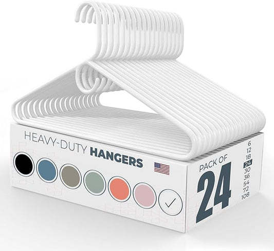 Heavy Duty Clothes Hangers 20 Pack (24 Count) – Made in the USA – 8lb Capacity Plastic Hangers for Adult Clothing – Durable for Pants, Coats, Jackets, or Jeans – White
