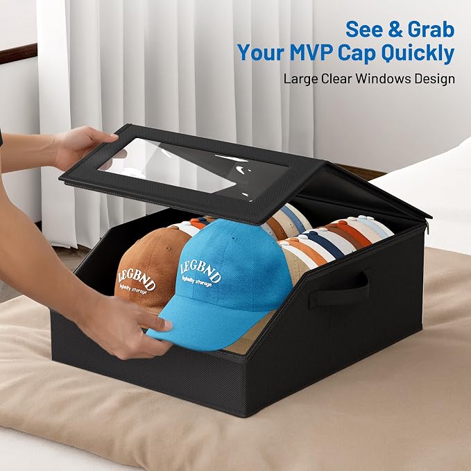 AOODA 2 PCS Sturdy Hat Storage for Baseball Caps, Holds up to 48 Caps Clear Hat Organizer for Closet, Bedroom, Wide Hat Box with Cardboard (Pure Black)