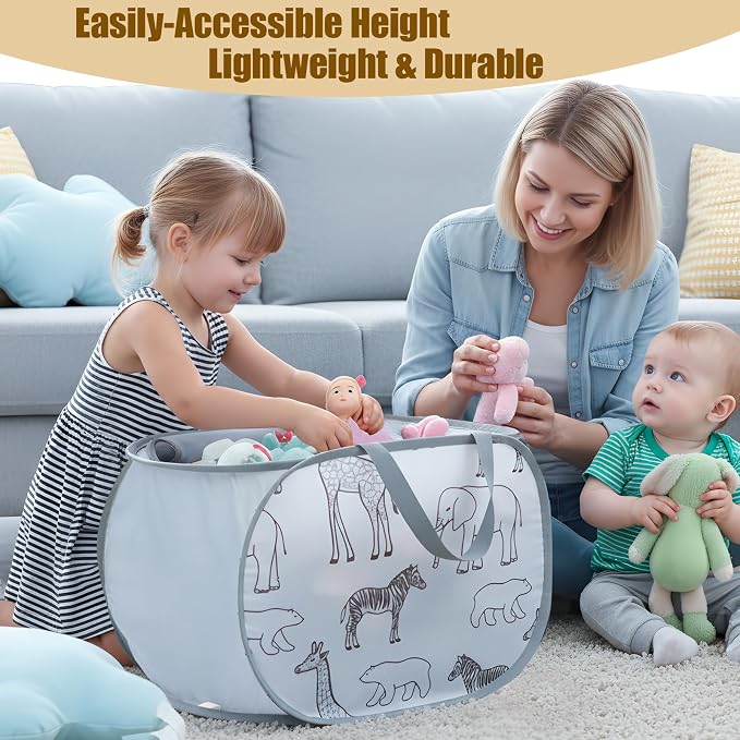 Foldable Toy Storage Basket with Zipper Lid & Handles- Animal Print, Gray | Collapsible Stuffed Animal Organizer Bin, Lightweight Toy Chest, Space-Saving, Sturdy, for Kids Room, Playroom, Living Room