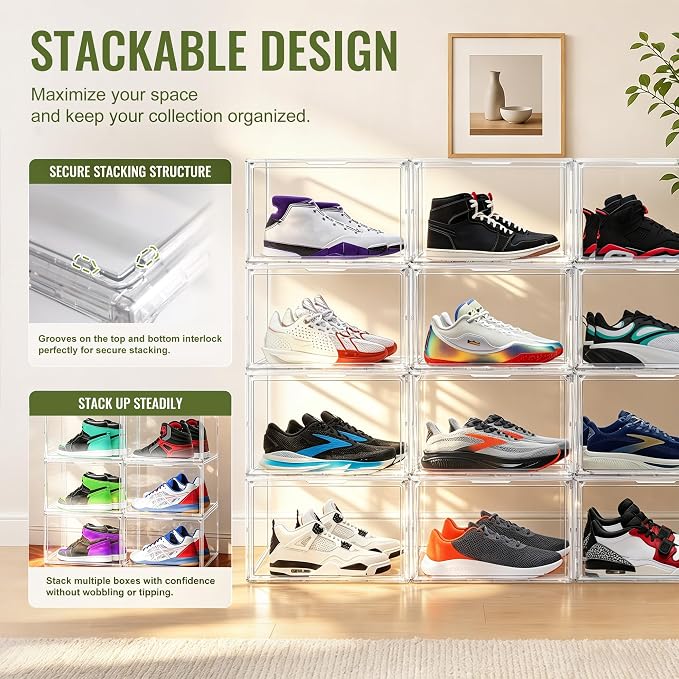 10 Pack Acrylic Shoe Boxes,Stackable Organizer for Everyday Footwear | Fits size 14 sneakers, casual shoes and athletic footwear. Clear acrylic design with magnetic door & dustproof storage.1 Pack