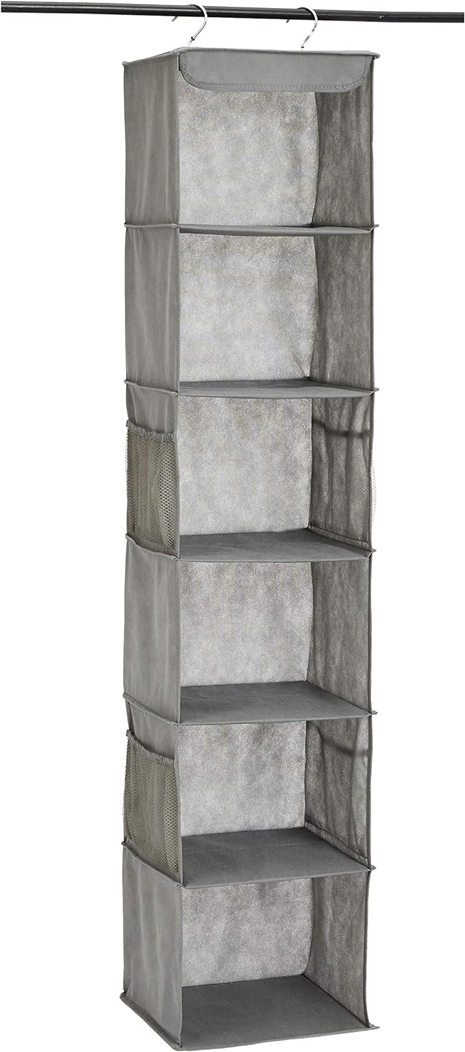 Amazon Basics 6-Tier Hanging Closet Shelf Organizer with Pockets, Clothes Storage for Sweaters and Clothing, 12" W x 9" L x 8.5" H, Grey | Organizer