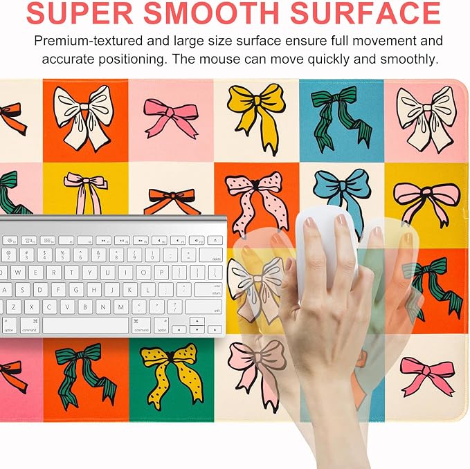 L-SPOUTTO Cute Bow Desk Mat for Keyboard and Mouse,Girly XL Large Mouse Pad | Non-Slip Keyboard Pad Waterproof Desktop Mat for Laptop Computer Work Game Home Office-Checkered Bow