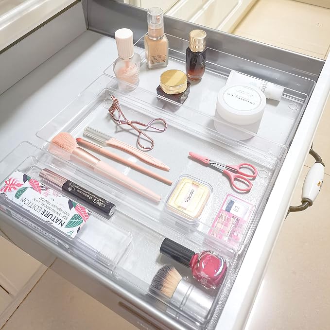 LotFancy Clear Plastic Drawer Organizer, 12’’ x 6” x 2’’, Set of 3 Drawer Storage Containers Bins for Dresser Cosmetics Makeup, Stackable