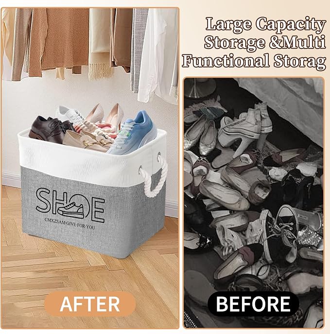 Shoe Basket Organizer, Large Capacity Fabric Entryway Shoe Storage Bin with Handle, Flodable Space-Saving Shoe Basket for Entryway, Hallway, Entryway and Mudroom