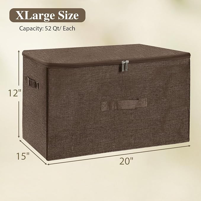 ANMINY 3PCS Storage Bins with Zipper Lids 51.9 Qt Lidded Fabric Storage Boxes Baskets Cubes with Handles Collapsible Washable Cotton Linen Closet Shelf Clothes Organizer - Coffee, Extra Large