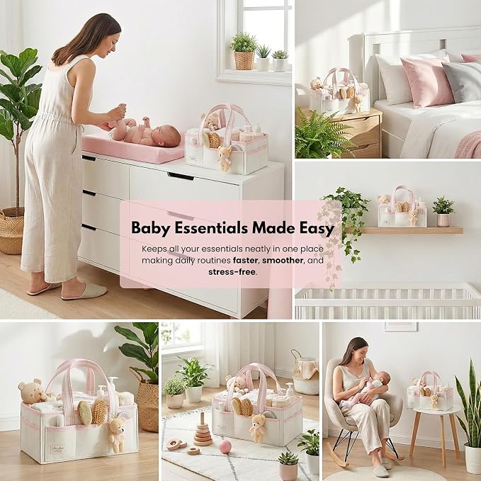 PeraBella Baby Diaper Caddy Organizer, Baby Basket Shower Gift Caddy, Portable Felt Changing Table Basket, Nursery Storage Bin, Newborn Boy and Girl Essentials for Registry, Car Diaper Organizer