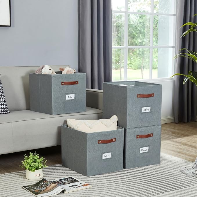 DECOMOMO Storage Bins, Storage Baskets for Shelves | 13" x 15" x 13" Storage Cube Bins with Labels for Organizing Shelves (Kallax, 4pcs, Texture Grey)