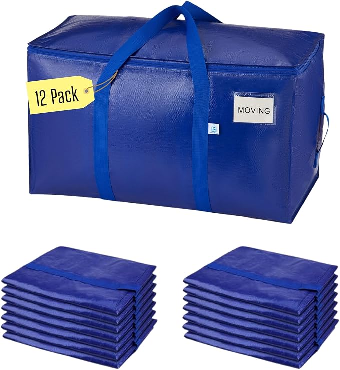 VENO 12 Pack Heavy Duty Moving Bags, 90L Extra Large Moving Boxes Alternative, 50lbs Load,Wraparound Handles,Zippers & Tag,Packing Supplies for College Dorm Essentials, Clothes Storage(Blue)