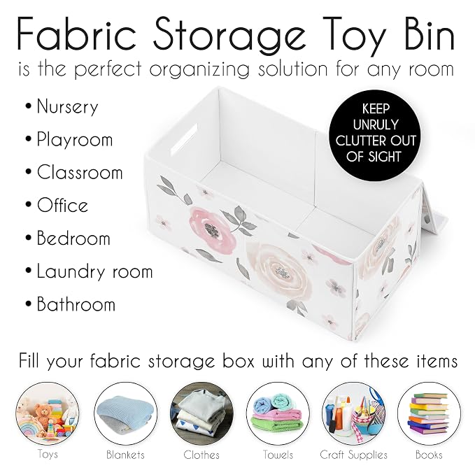 Sweet Jojo Designs Collapsible Small Fabric Toy Bin (Pink/Grey Boho Floral) for Girls, Kids, Childrens Small Storage Box Chest (Watercolor, Flower, Elegant Rose, Shabby Chic, Farmhouse, Nature, Blush)