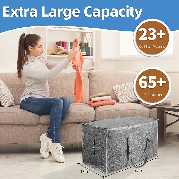16 Pack-Extra Large Heavy Duty Moving Bags - Waterproof Storage Totes with Handles & Zippers, Foldable for College Dorm, Storage (Gray)