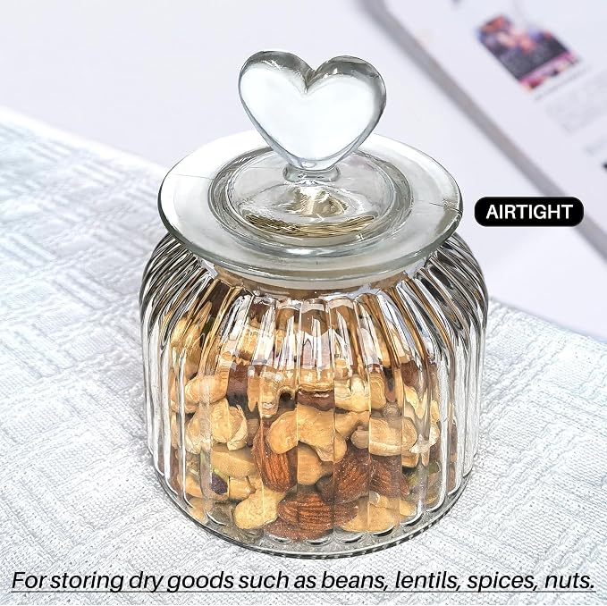22 oz Clear Glass Canister with Cute Heart shaped Lids Set, Food Storage Glass Jars with Airtight Lids for Kitchen and Dining Room, Stripe/Set of 2
