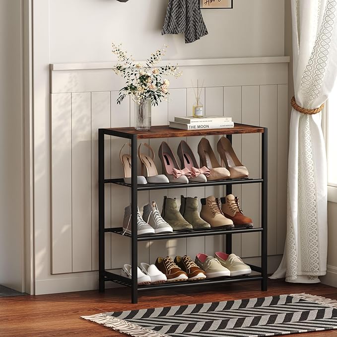 Yusong Shoe Rack Organizer, 4 Tier Industrial Shoe Storage Shelf, Narrow Sturdy Metal Shoe Shelves for Closet Entryway, Rustic Brown