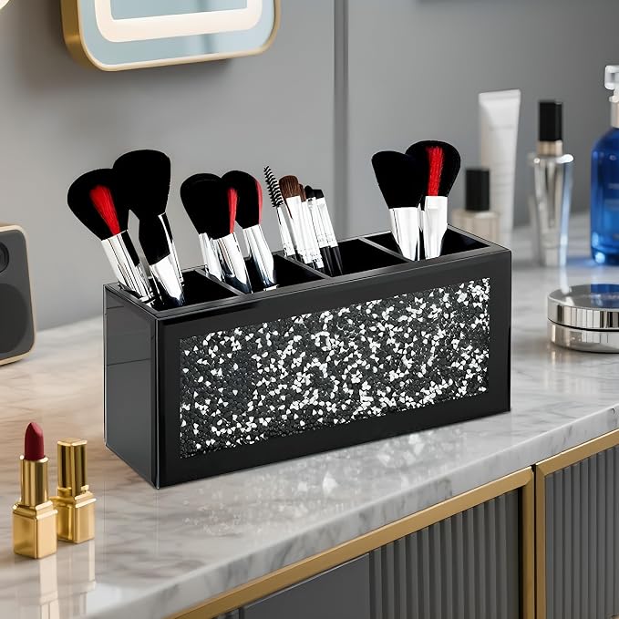 SHYFOY Black Makeup Brush Holder, 4-Compartment Makeup Organizer with Crushed Diamond Crystals, Vanity Cosmetics Organizer Solution, Pencil Holder Organizer for Desk