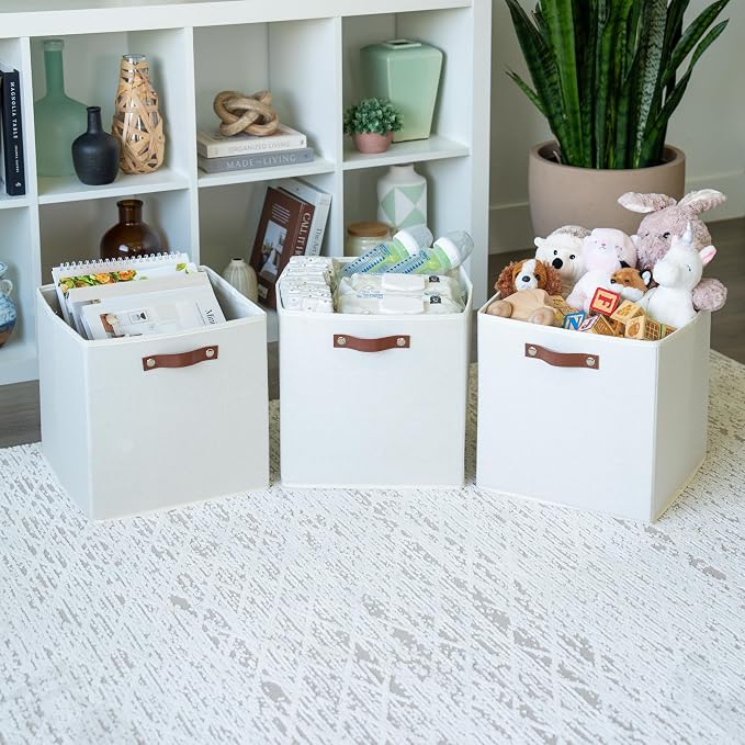 OrganiHaus 13x13 Cube Storage Bins, Set of 4 - Fabric Storage Cubes | Sturdy, holds its shape; odor-free; fits IKEA Kallax and Expedit; vegan leather handles
