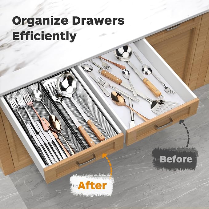 Smgmg Silverware Drawer Organizer, Silverware Organizer for Drawer, 2 Pack 14.7" X 6.1" X 2" Utensil Organizer for Kitchen Drawers, Kitchen Drawer Organizer for Large Utensils with Interlocking Arm