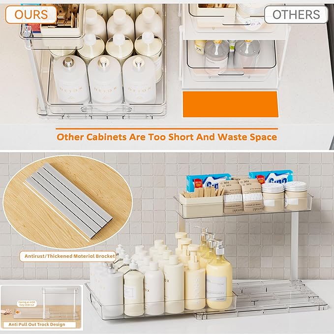 Yieach 2 Pack 14.6″ Deep Pull Out Under Sink Organizer,10.8″ High 2 Tier Slide Out Cabinet Organizer for Kitchen Cabinet,Undersink Organizers,Under Sink Shelves,Bathroom Organizers and Storage,Clear