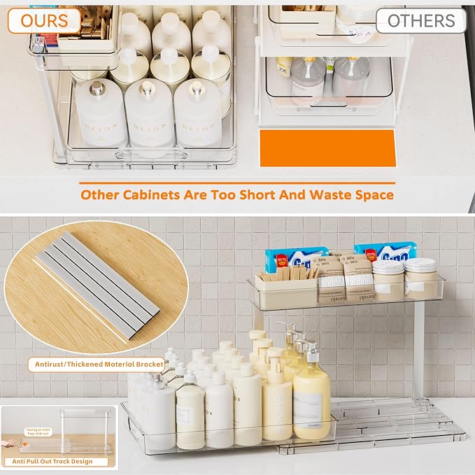 Yieach 2 Pack 14.5″ Deep Pull Out Under Sink Organizer,10.8″ High 2 Tier Slide Out Cabinet Organizer for Kitchen Cabinet,Undersink Organizers,Under Sink Shelves,Bathroom Organizers and Storage,Clear