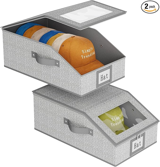 Simple Trending Hat Organizer for Baseball Caps, 2PCS Stackable Storage with Clear Window Lid,Hat Box for Closet, Holds up to 24 Caps Hat Organizer for Closet, Grey