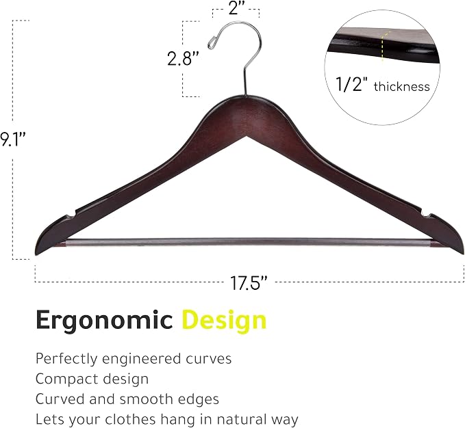 Quality Wooden Hangers - Slightly Curved Hanger 10 Pack Sets - Solid Wood Coat Hangers with Stylish Chrome Hooks - Heavy-Duty Clothes, Jacket, Shirt, Pants, Suit Hangers (Walnut/Retro, 10)