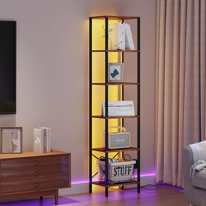 JARHETUN 6-Tier Bookshelf, Tall Narrow Bookcase with LED Lights, Book Shelf with Steel Frame, Display Storage Shelf for Living Room, Bedroom, Home Office, Study, Balcony, Rustic Brown