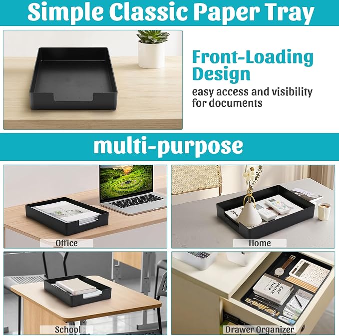 Letter-Size Tray Desk Letter Tray Paper Tray, Sturdy Heavy-Duty Plastic Printer Paper Tray, Single-Tier Stackable File Storage Organizer for Office Home (Black ×2)