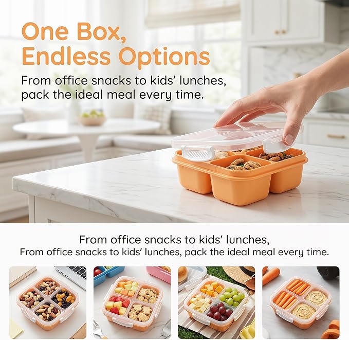 EONJOE 4-Pack Small Snackle Box With snap lock lid,Dishwasher Safe | 4-Compartment,BPA free,Food Grade PP5 Plastic, Airtight Lid,On-the-Go,