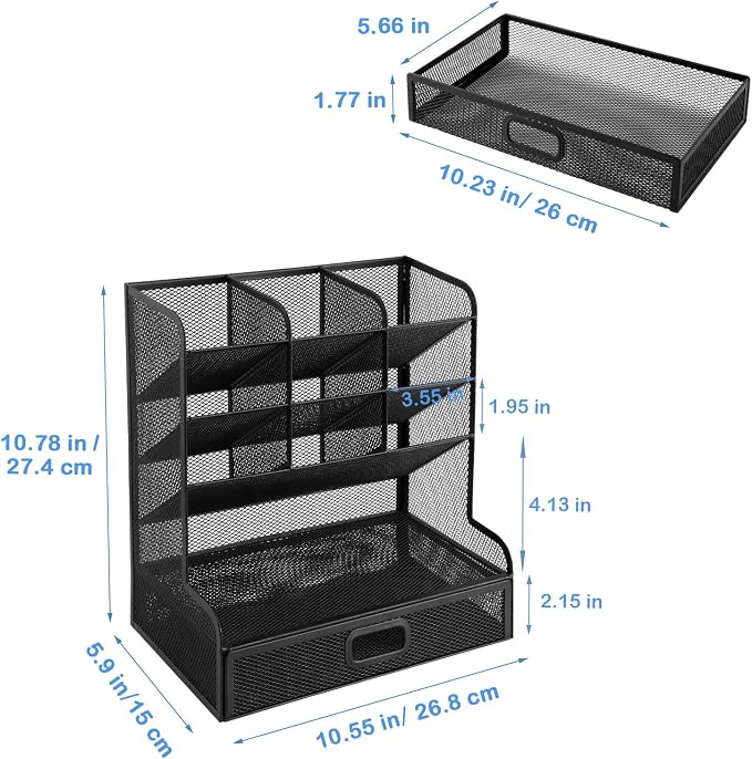 VICNOVA Mesh Desk Organizer, Pen Holder Art Supply Storage Organizer with Drawer Pen Organizer for Desk Desktop Marker Pencil Storage for Office School Home Art Supplies