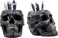 Ebros Gift Set Of 2 Tribal Tattoo Floral Skull Pen Holder Figurine 5.75" L Office Desktop Ossuary Skulls Decor Cranium Skeleton Head Stationery Holder As Halloween Macabre Graveyard Spooky Statue