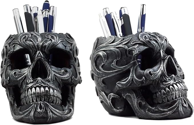 Ebros Gift Set Of 2 Tribal Tattoo Floral Skull Pen Holder Figurine 5.75" L Office Desktop Ossuary Skulls Decor Cranium Skeleton Head Stationery Holder As Halloween Macabre Graveyard Spooky Statue