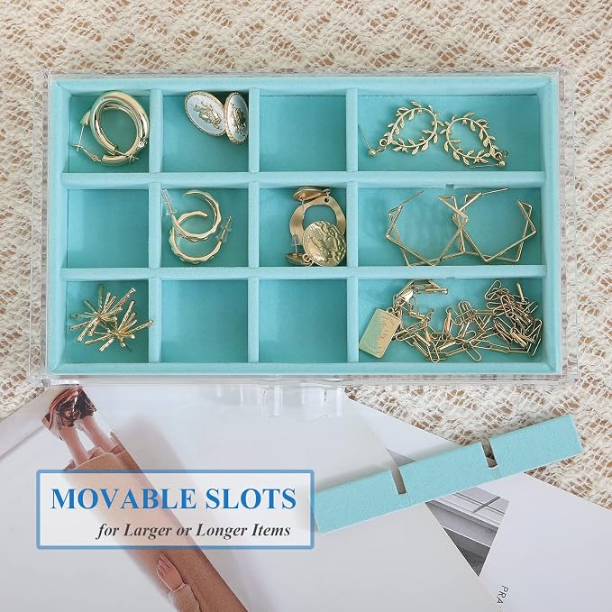 misaya Earring Jewelry Organizer, 5 Drawers Clear Acrylic Jewelry Box for Women, Velvet Earring Display Holder for Earrings Ring Bracelet Necklace, Birthday Present, Turquoise