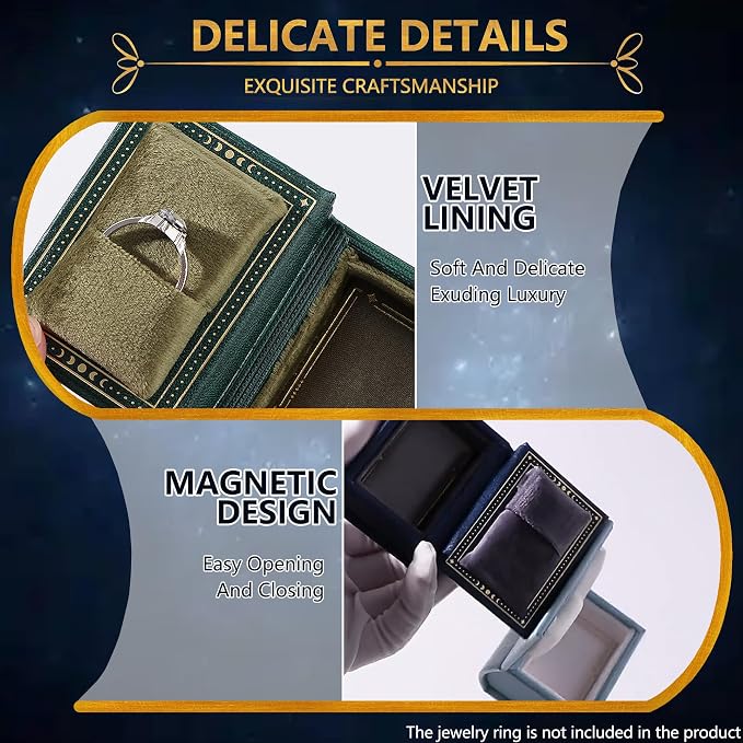 Vintage Magic Book-Shaped Ring Box Starry Sky Pattern PU Leather with Magnetic Closure for Proposal Engagement Gift (Blue)