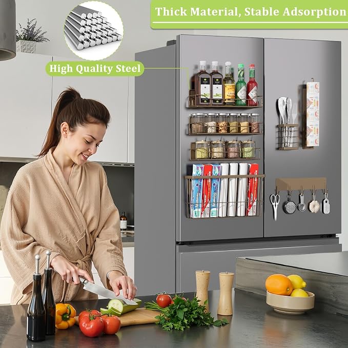 Magnetic Spice Rack for Refrigerator, 7 Pack Magnetic Fridge Shelf for Kitchen Organization Storage, Moveable Spice Organizer W/Paper Towel Holder, Utensil Caddy, Cutting Board Rack (Brown)