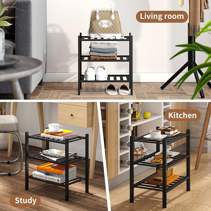 Bamboo Shoe Rack Stackable Shoe Shelf Storage Organizer for Unit Entryway Hallway and Closet Sturdy Freestanding Small Shoe Shelf(3S Tier Black)