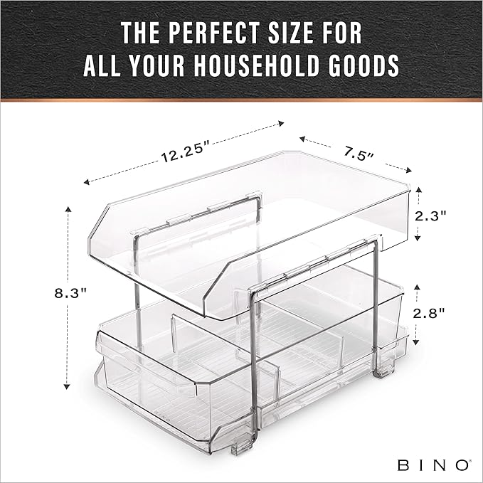 BINO 2 Tier Clear Storage Organizer with Dividers | Bottom Slide Out Drawer for Under Sink, Medicine Cabinet | Bathroom Closet, Vanity, Pantry Organizer | Under Cabinet Storage for Bathroom & Kitchen
