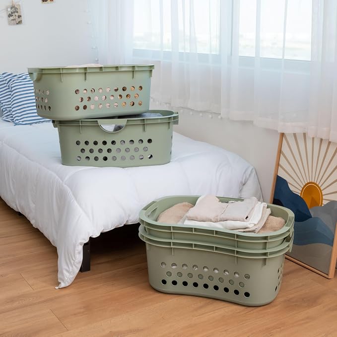 IRIS USA 51L Plastic Hip Hold Laundry Basket with Built-In Comfort Carry Handles 4-Pack, 1.5 Bushel, Clothes Hamper, Laundry Hamper, Ventilation Holes, for Closet Dorm Laundry Room Bedroom, Sage Green