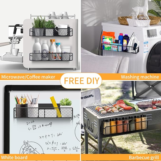 Magnetic Spice Rack for Refrigerator, 6 Pack 100% Metal Strong Magnet Shelf Black, Space Saving Spice Organizer, Home Kitchen Laundry Room Storage Organization W/ Paper Towel Holder, Utensils Racks