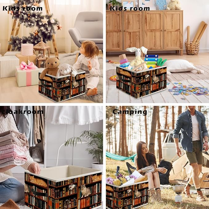 Vintage Cat Book Lovers Storage Bin Box with Handles, Retro Cat Bookish Foldable Organizer Basket Toybox for Reading Corner Room Library Bedroom Bathroom Home Clothes Toys Books