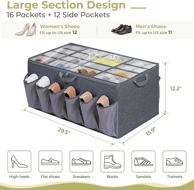 Extra Large Fabric Shoe Organizer for Closet, Fits up to 28 Pairs, Foldable Shoe Storage Bin Containers with Adjustable Dividers and Clear Cover, Grey, 6 Pack