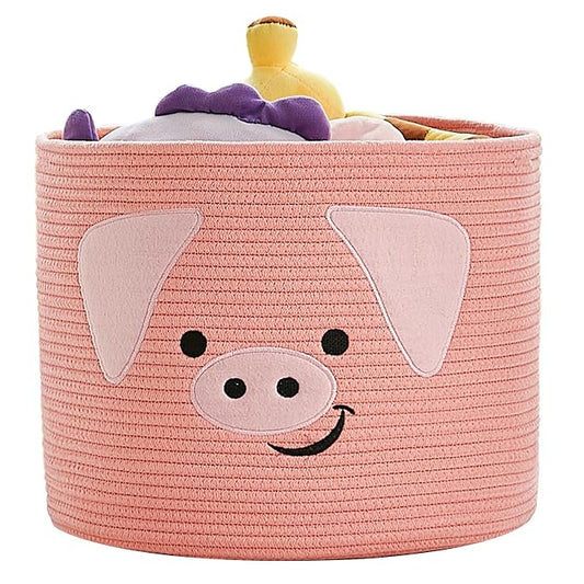 VK VK·LIVING Animal Baskets Large Woven Cotton Rope Storage with Cute Pig Design and Handles, Laundry Organizer for Towels, Blanket, Toys, Clothes, Gifts, Toy Box, Gift for Pet or Baby 15"D x 14"H