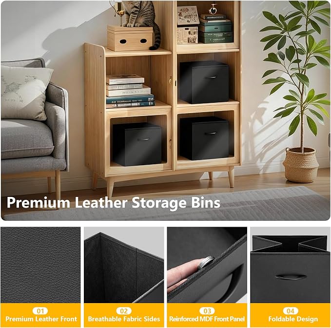WUIKE 11-Inch Black Cube Storage Bins, Leather Front, 4-Pack | Cubby Organizer Baskets with Handles for Shelves, Closets, Clothes, Toys, Towels, and Blankets