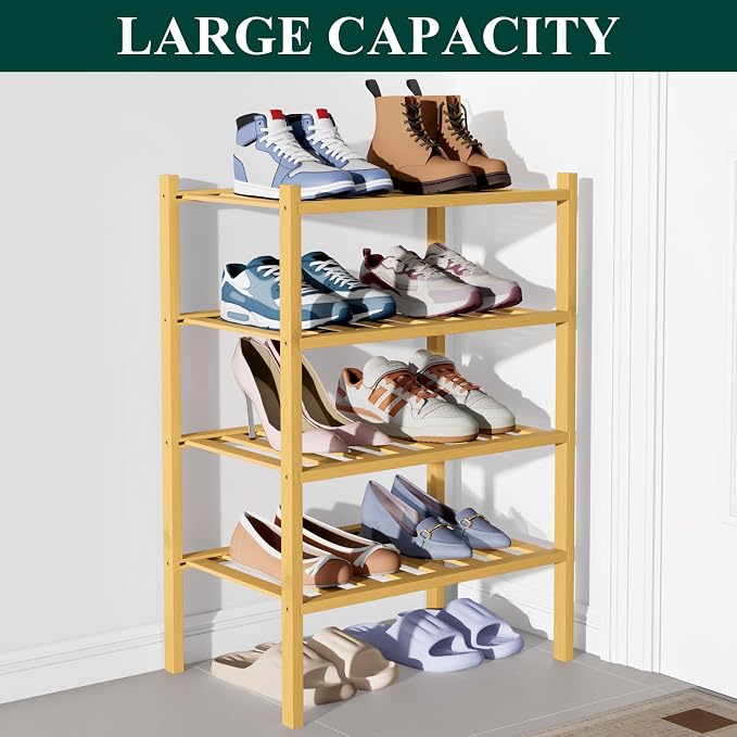 Smiry Bamboo Shoe Rack for Closet, 4 Tier Small Wooden Shoe Organizer, Stackable Wood Shoe Storage Shelf for Entryway, 14 Vertical Slats, 2+2 Stack Heavy-Duty Legs, 17.32"x11.02"x25.98", Natural