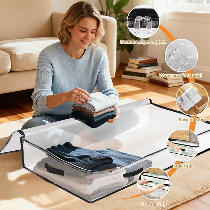 2 Pack Under Bed Storage Bags, 90L Foldable Clear Storage Containers with Handles, Dual Zippers for Comforter, Clothes, Bedding, Linen Sheets, Sweaters, Blanket Storage
