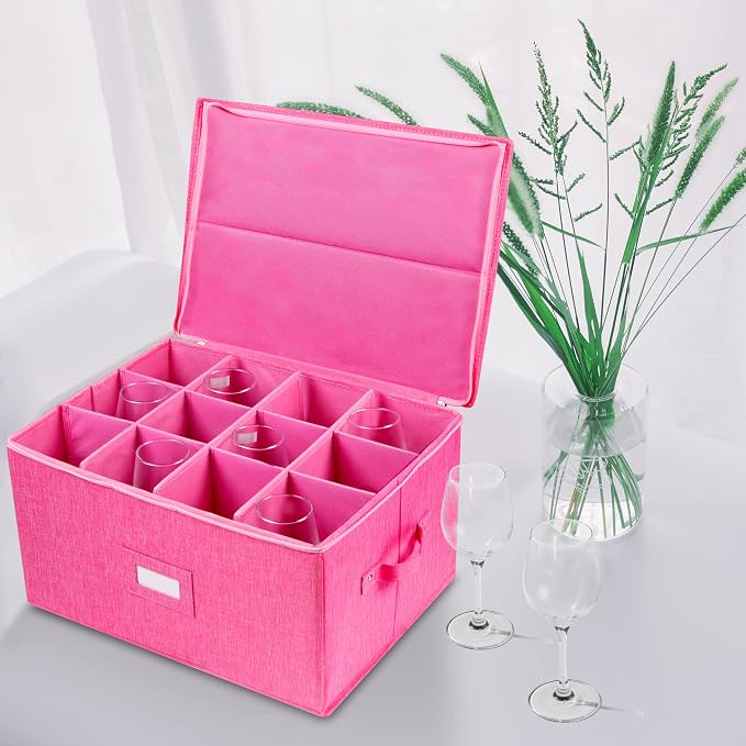 Stemware Storage Cases, Hard Shell Wine Glass Storage Box Containers with dividers for 12 Wine Glasses, Drinkware, Glassware or Crystal 17" x 13" x 10"H (Pink)