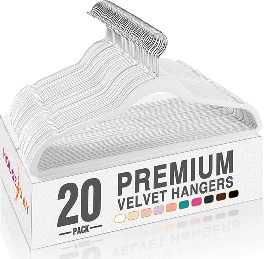 HOUSE DAY White Velvet Hangers 20 Pack, Non Slip Clothes Felt Hanger Heavy Duty for Coat, Premium Slim Space Saving Suit Hangers for Closet Organizer, 360° Rotating Silver Hook