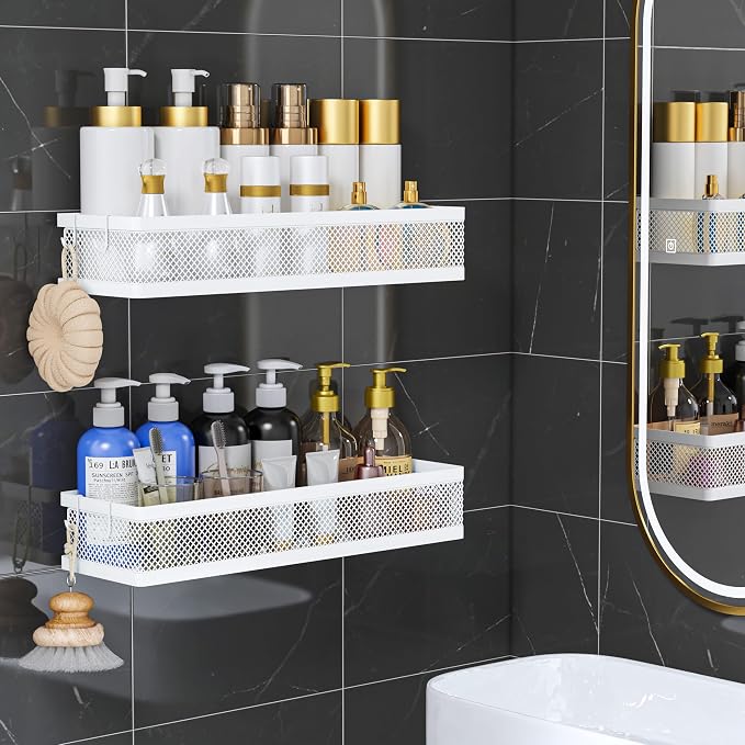 PUSDON 5-in-1 16.5" Extra Long Slim Wall Mount Wrapped Mesh Kitchen Organizer & Shower Caddy Kit, with Paper Towel Holder, Utensil Holder, Soap Dish, Holds 50LBS - White, Netting