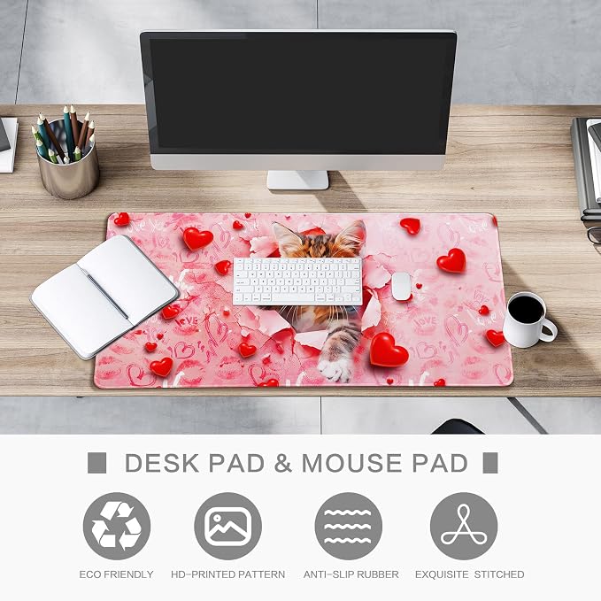 Lokigo Large Mouse Pad, Cute Pink Desk Mat for Desktop, Women Girls Waterproof Desk Mouse Pad, Love Cat Computer PC Laptop Protector Writing Pads for School Office Home 31.5" x 15.7"