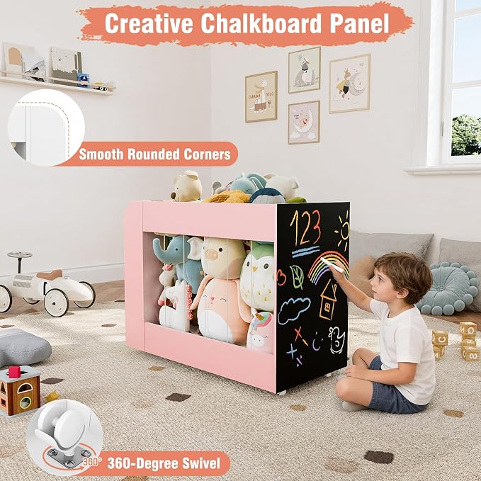 Kids Toy Storage Organizer with Drawing Chalkboard, Toy Storage Box with Stuffed Animal Storage and 2-Tier Kids Bookshelf, Toy Organizer Chest with 360° Wheels for Playroom, Nursery, Bedroom, Pink