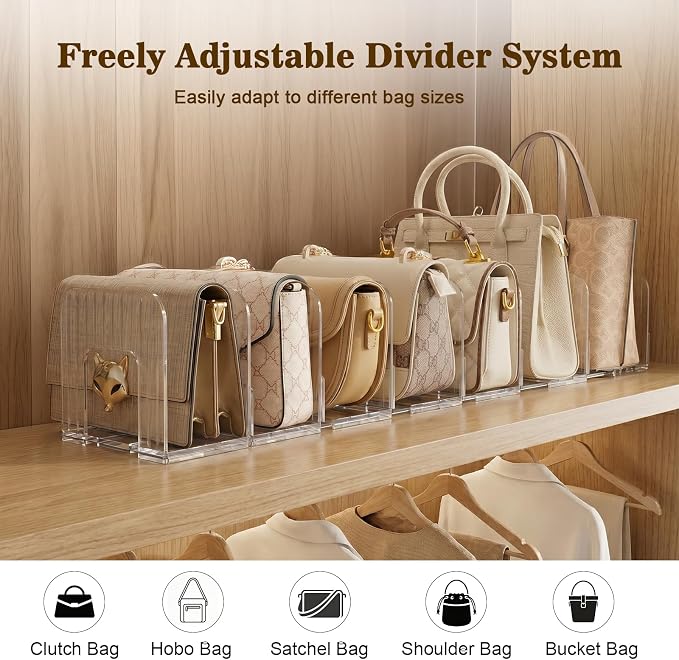 7 Pack Clear Acrylic Purse Divider, No Assembly,Adjustable Handbag Organizer, Anti-Scratch Closet Shelf Storage for Bags, Books & Files